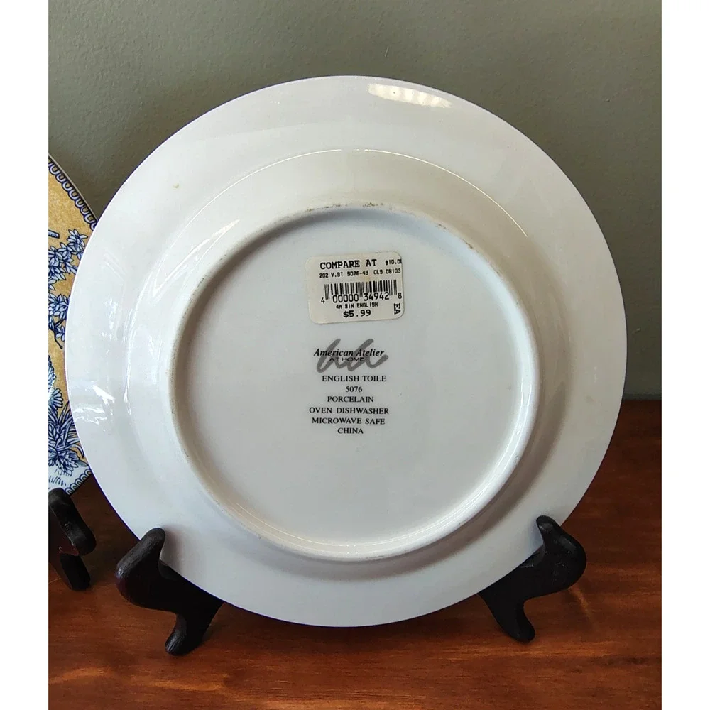 Set of 3 American Atelier Porcelain Salad Plates English Toile Blue Deco 5076